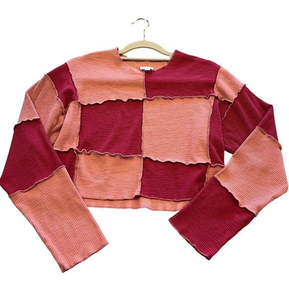 Le Lis Boutique Pink Color Block Patchwork Cropped Long Sleeve Top Small - Picture 1 of 3